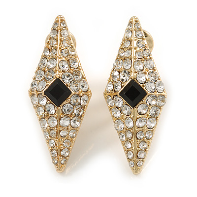 Stunning Crystal Diamond Shape Clip On Earrings In Gold Plated Metal - 32mm Tall - main view