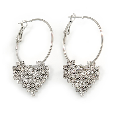 30mm Medium Romantic Hoop Earrings with Crystal Heart In Silver Tone Metal