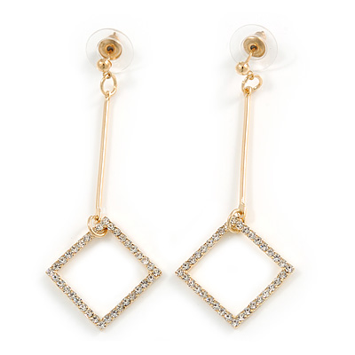 Trendy Crystal Geometric Dangle Drop Earrings In Gold Tone Metal - 60mm Long