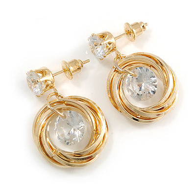 Delicate Multi Circle Cz Drop Earrings In Gold Tone - 25mm Tall