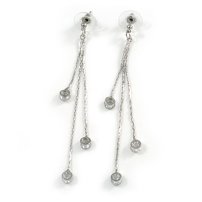 Delicate Silver Tone Chain Cz Dangle Earrings - 8cm Long