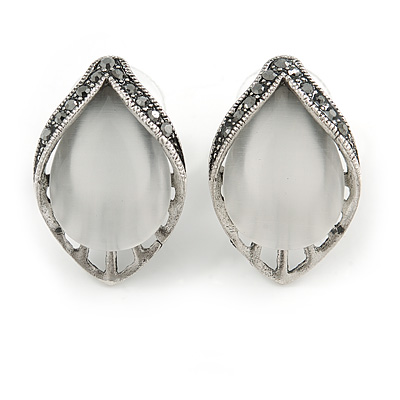 Vintage Inspired Anthracite Coloured Crystal Teardrop Stud Earrings In Aged Silver Tone - 25mm Tall - main view