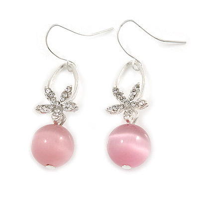 Romantic Clear Crystal Flower with Pink Glass Ball Bead Drop Earrings In Silver Tone - 45mm Long