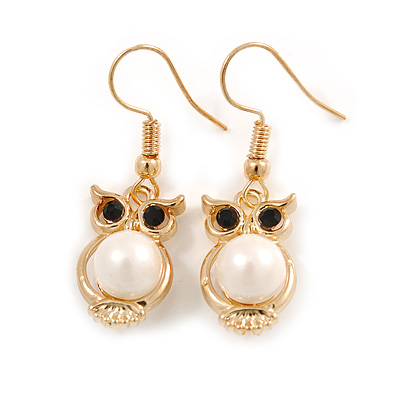 Gold Tone Faux Pearl Owl Drop Earrings - 37mm Tall