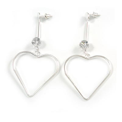 Long Open Heart Crystal Drop Earrings In Silver Tone Metal - 75mm Tall