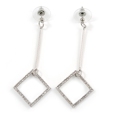 Long Crystal Geometric Dangle Earrings In Silver Tone Metal - 60mm Long