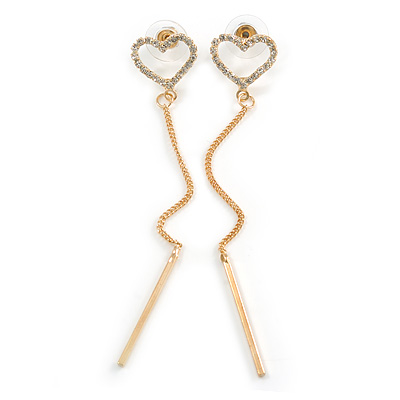 Romantic Clear Crystal Open Heart with Chain Drop Earrings In Gold Tone Metal - 90mm Long - main view