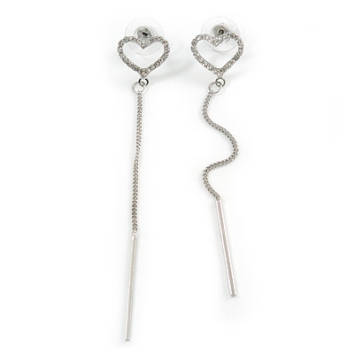 Romantic Clear Crystal Open Heart with Chain Drop Earrings In Silver Tone Metal - 90mm Long - main view