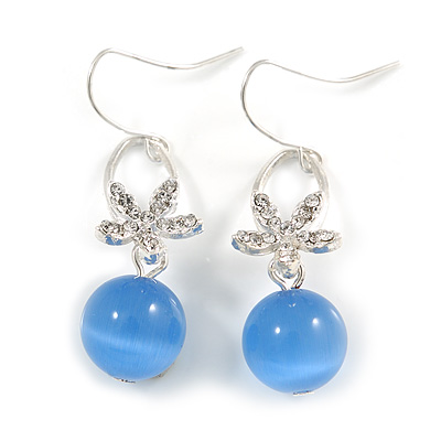 Romantic Clear Crystal Flower with Blue Glass Ball Bead Drop Earrings In Silver Tone - 45mm Long