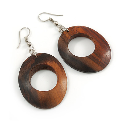Trendy Brown Oval Wood Drop/ Hoop Earrings - 60mm L
