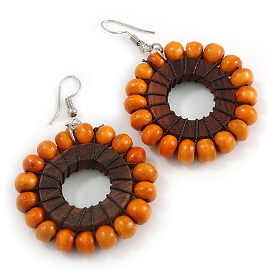 Orange/ Brown Wood Bead Hoop Earrings - 65mm Long