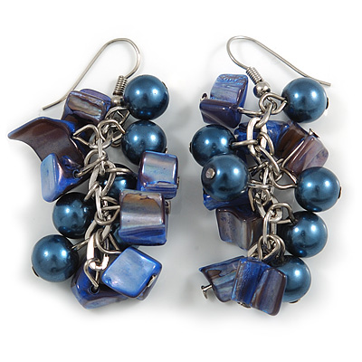 Dark Blue Glass Bead, Shell Nugget Cluster Dangle/ Drop Earrings In Silver Tone - 60mm Long - main view