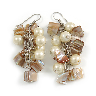 Cream Glass Bead, Antique White Shell Nugget Cluster Dangle/ Drop Earrings In Silver Tone - 60mm Long