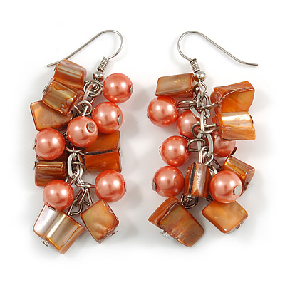 Peach Glass Bead, Burnt Orange Shell Nugget Cluster Dangle/ Drop Earrings In Silver Tone - 60mm Long