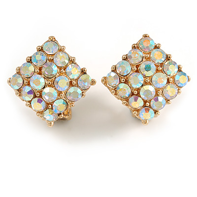 AB Crystal Square Clip On Earrings In Gold Tone Metal - 15mm Wide