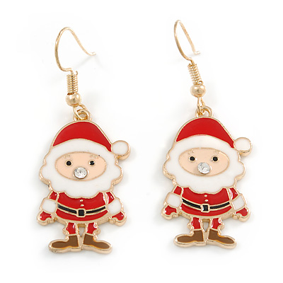Christmas Santa Claus Red/ White Enamel Drop Earrings In Gold Tone - 50mm Tall