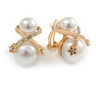 Statement Double Faux Pearl Crystal Clip On Earrings In Gold Tone - 25mm Tall - main view