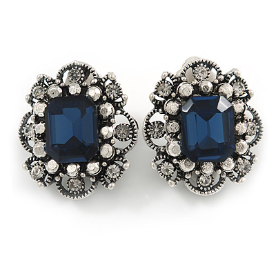 Vintage Inspired Square Midnight Blue/ Clear Crystal Clip On Earrings In Aged Silver Tone - 20mm Tall - main view