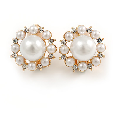 Gold Tone White Faux Pearl Crystal Floral Clip On Earrings - 18mm