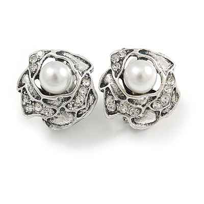 Vintage Inspired Crystal Pearl Rose Clip On Earrings In Aged Silver Tone - 20mm Diameter - main view