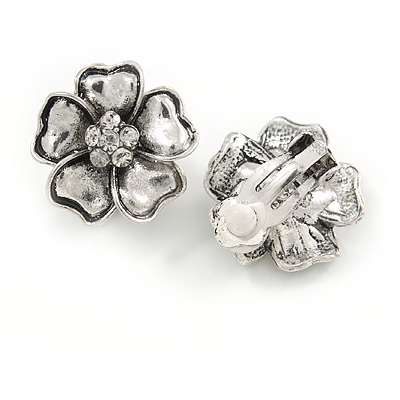 Vintage Inspired Crystal Flower Clip On Earrings In Aged Silver Tone Metal - 20mm Diameter