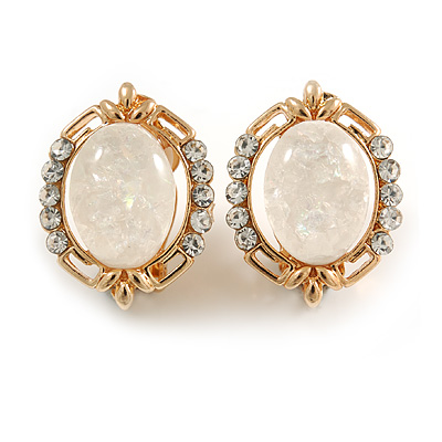 Gold Tone Crystal Milky White Resin Oval Clip On Earrings - 22mm Tall