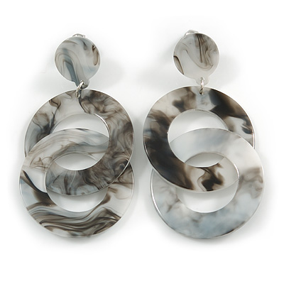 Trendy Double Circle White/ Black Acrylic Drop Earrings - 70mm Long - main view