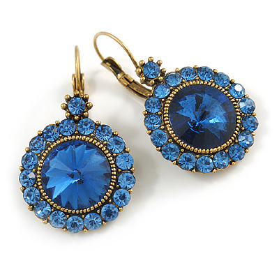 Vintage Inspired Round Cut Sky Blue Glass Stone Drop Earrings With Leverback Closure In Antique Gold Metal - 40mm L