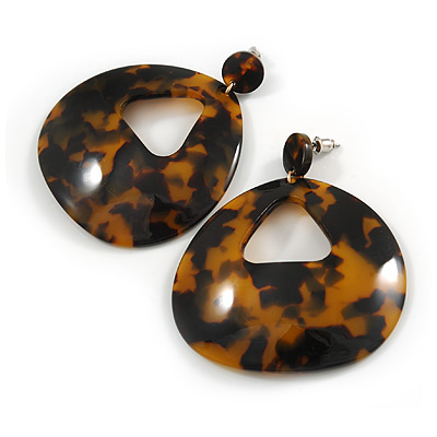 Large Oval Tortoise Shell Effect Brown/ Black Acrylic/ Resin Drop Earrings - 70mm Long