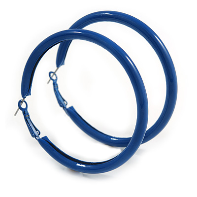 Large Blue Enamel Hoop Earrings In Silver Tone - 60mm Diameter - main view