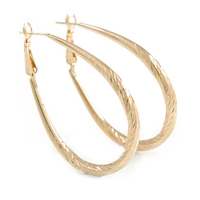 Medium Thick Etched Oval Hoop Earrings In Gold Tone - 55mm L