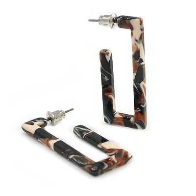 Trendy Square Acrylic Hoop Earrings In Brow/ Black/ Cream - 40mm Long - main view