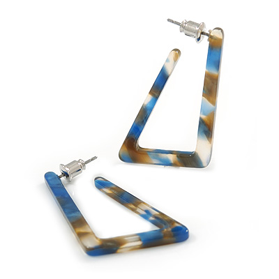 Trendy Triangular Acrylic Hoop Earrings In Blue/ Brown - 45mm Long