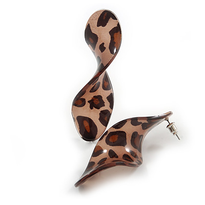 Trendy Twisted Leaf Acrylic Drop Earrings with Animal Print (Brown) - 65mm Long