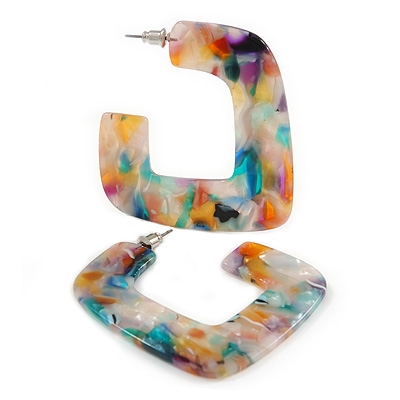 Trendy 'Burst of Colour' Effect Multicoloured Acrylic/ Plastic/ Resin Square Hoop Earrings - 55mm L