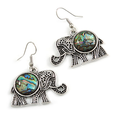 Vintage Inspired Elephant with Abalon Shell Drop Earrings In Aged Silver Tone - 40mm Long