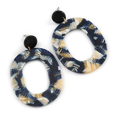 Trendy Oval Acrylic Hoop Earrings (Dark Blue/ Cream) - 60mm Long