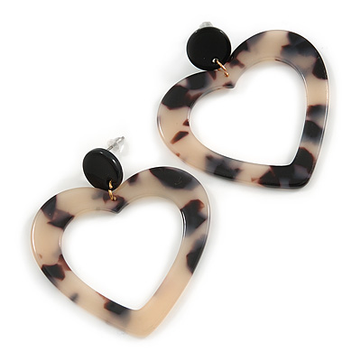 Romantic Open Heart Tortoise Shell Effect Black/ Beige Acrylic/ Plastic/ Resin Drop Earrings - 50mm L
