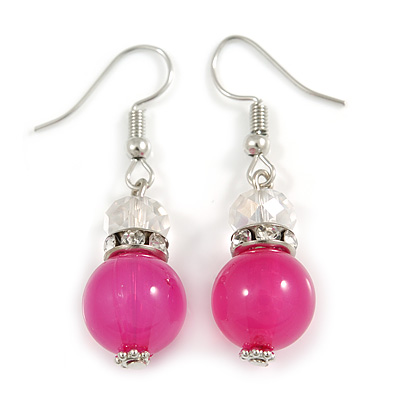 Pink Glass Crystal Drop Earrings In Silver Tone - 40mm L - main view