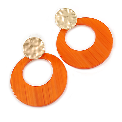 Statement Orange Acrylic Hoop Earrings In Matt Gold Tone - 55mm L