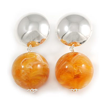 Statement Amber Yellow Resin Ball Drop Earrings In Silver Tone Metal - 50mm L
