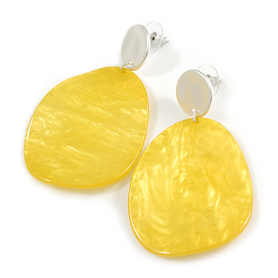 Statement Pineapple Yellow Acrylic Curvy Oval Drop Earrings In Matt Silver Tone - 65mm L - main view