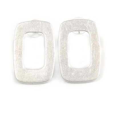 Contemporary Square Satin Scratched Effect Stud Earrings in Light Silver Tone Metal - 35mm Long