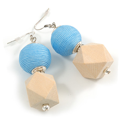 Unique Light Blue Thread Ball and Natural Wood Square Bead Drop Earrings - 70mm L