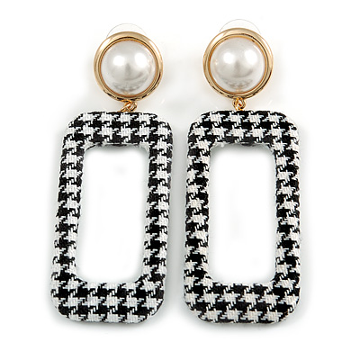 Black/ White Fabric Covered Gingham Checked Drop/ Hoop Earrings In Gold Tone - 75mm Long - main view