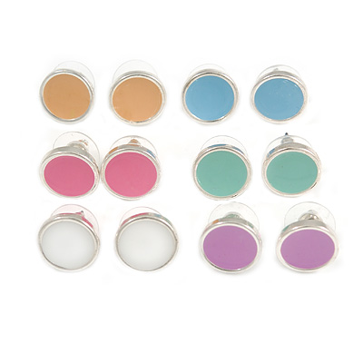 Set of 6 Pairs Button Stud Earrings In Silver Tone In Pastel Colours - 10mm Diameter - main view