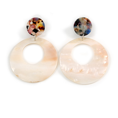 Marble Effect Round Acrylic/ Shell Hoop/ Drop Earrings - 70mm L - main view
