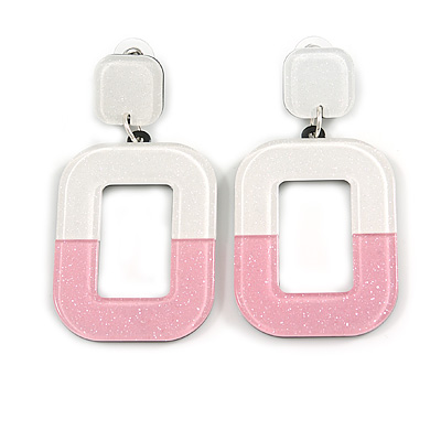 White/ Pink with Glitter Effect Acrylic Oval Hoop/ Drop Earrings - 70mm Long - main view