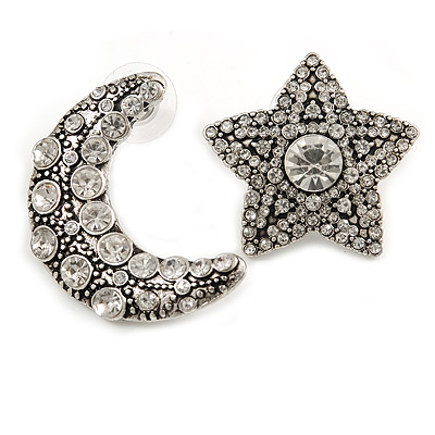 Vintage Inspired Crystal Moon And Star Mismatch Stud Earrings In Aged Silver Tone - 35mm Long