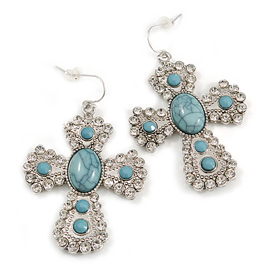 Vintage Inspired Large Crystal Turquoise Stone Cross Earrings In Silver Tone - 55mm L - main view